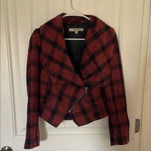 Anthropologie Red and Black Plaid Wool Cropped Blazer